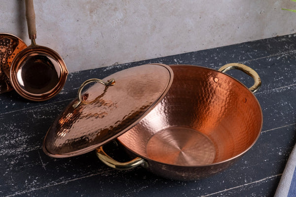 Elegant Hand-Hammered Copper Stew Pot with Lid, Traditional Pan for Serving & Cooking with Brass Handles