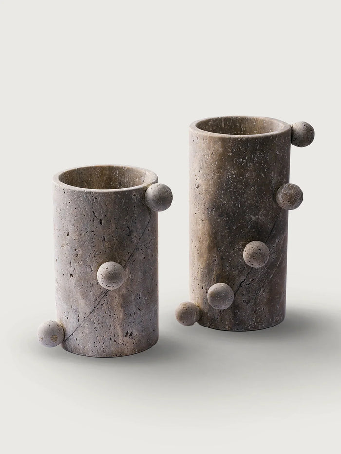 Travertine Vase with Spheres Set of 2