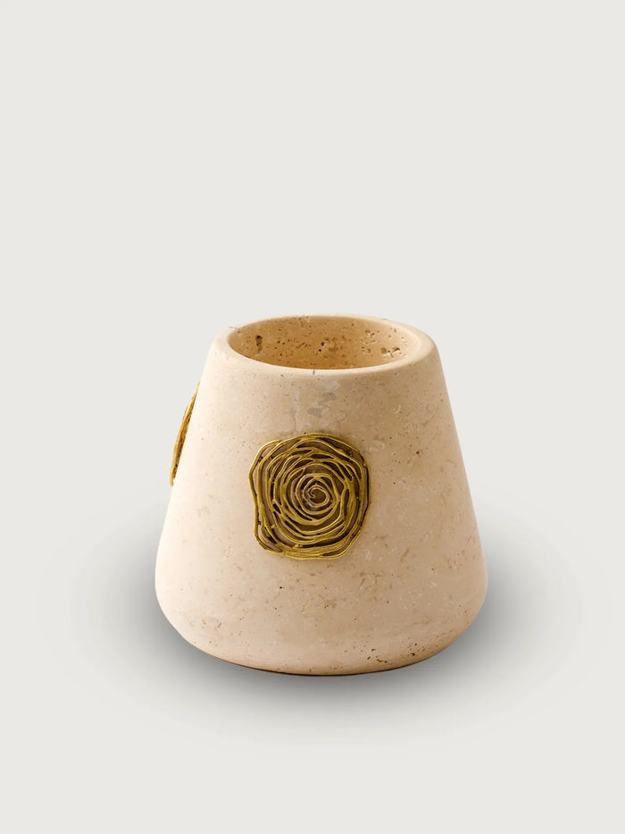 Travertine Droplet Vase with Brass Accent