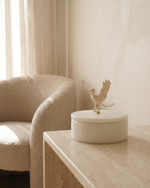 Flying Bird Marble Box with Sculptural Brass Lid - styled on a travertine console in a light interior