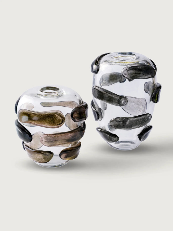 Sculptural Glass Vase Set of 2 – Clear Glass with Smoky Accents