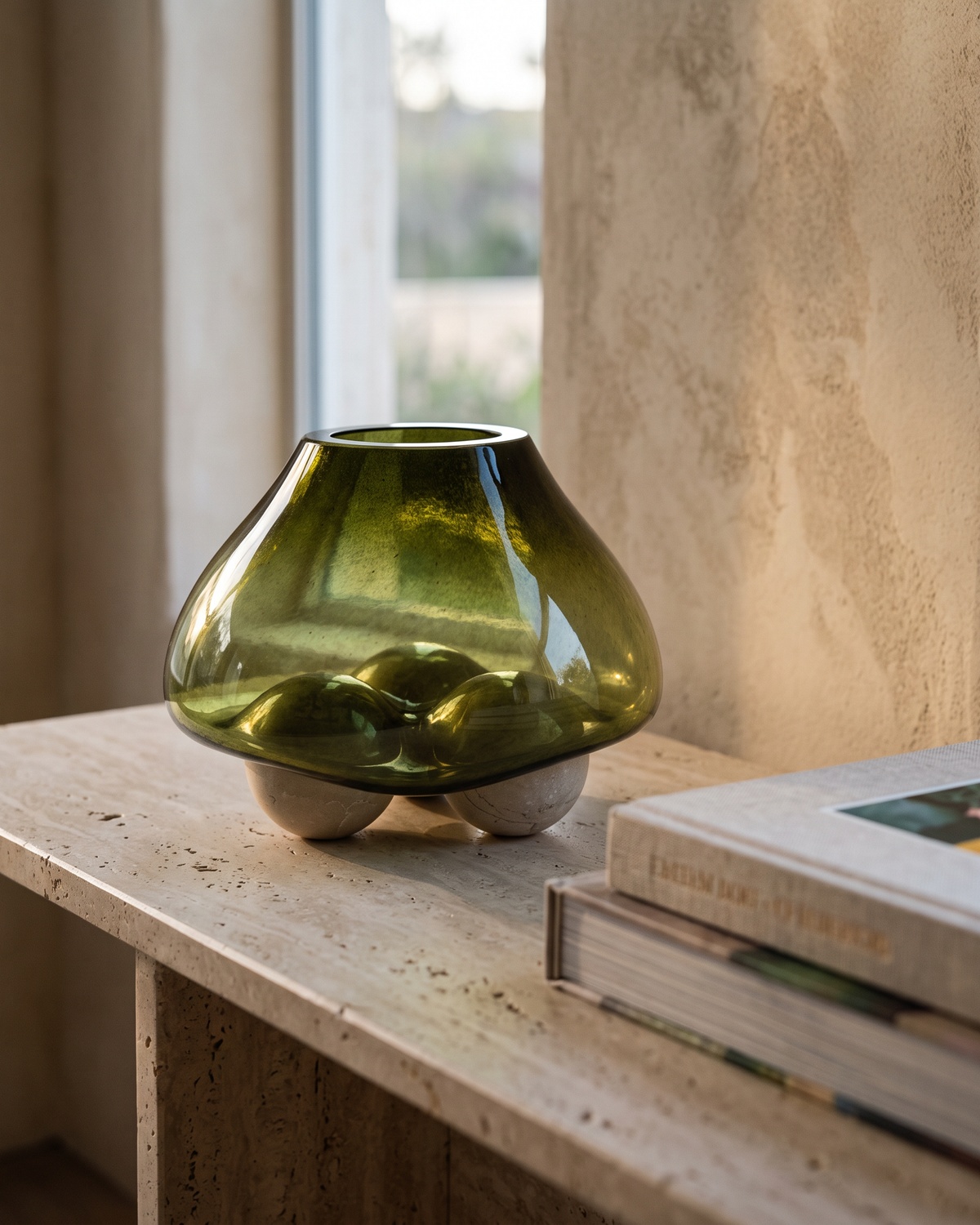 Glass Bowl with Three Spheres I styled in a warm interior setting