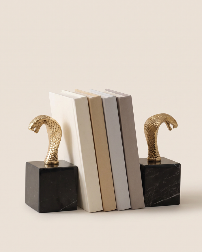 Gold Cobra Bookends with Black Marble Base