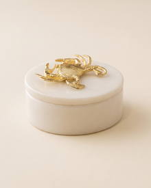 Gold Crab Marble Box with Brass Crab Sculpture - studio view on ivory background