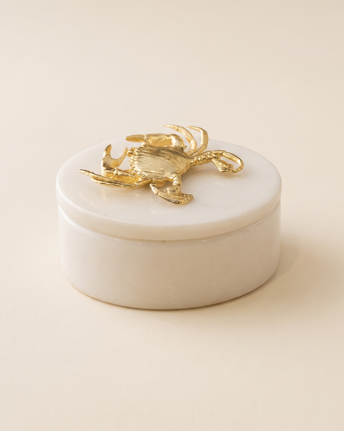 Gold Crab Marble Box with Brass Crab Sculpture – Elegant Coastal Gift