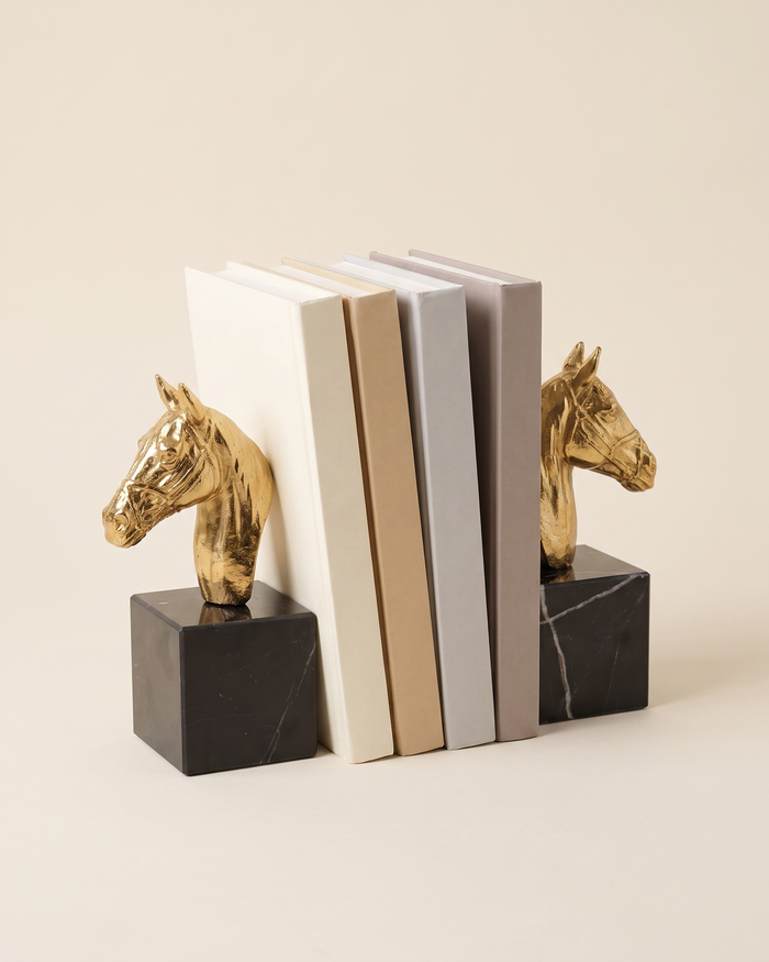 Gold Horse Head Bookends On Black Marble Base Set