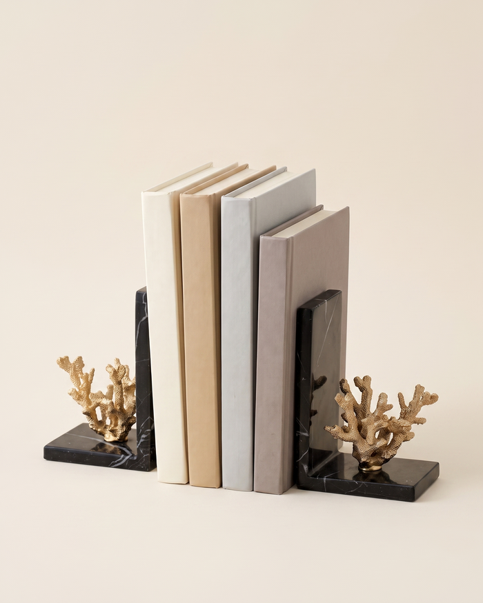 Golden Coral Bookends with Black Marble Base
