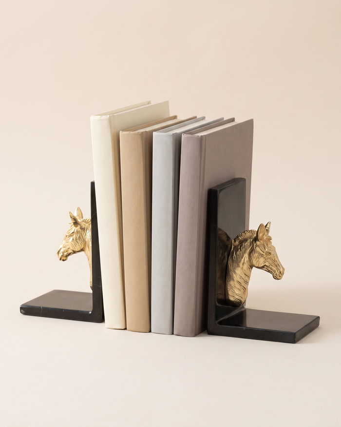 Golden Horse Head Bookends with Black Marble Base