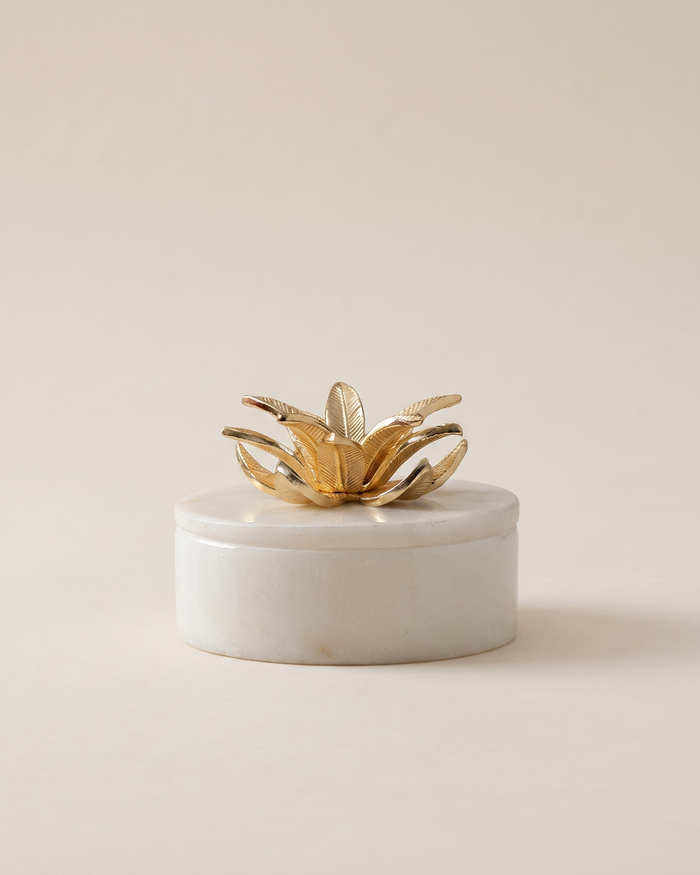 Golden Petal Marble Bonbonniere with Brass Floral Lid – White Marble Decorative Box