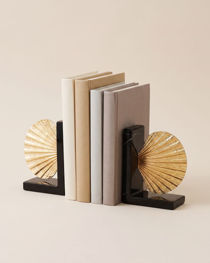 Golden Scallop Shell Bookend Set on Marble Base, Nautical Shelf Decor Accent