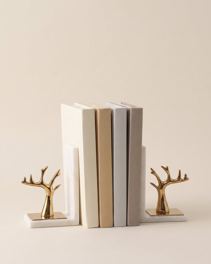 Golden Tree Bookends with White Marble Base