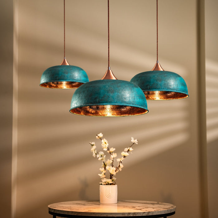 Handmade Hammered Copper Green Patina Pendant Light – Complete Set with Accessories 2