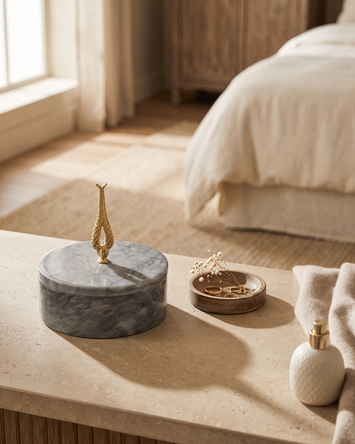 Grey Marble Box with Brass Hyacinth Lid (One Piece) styled in a warm interior
