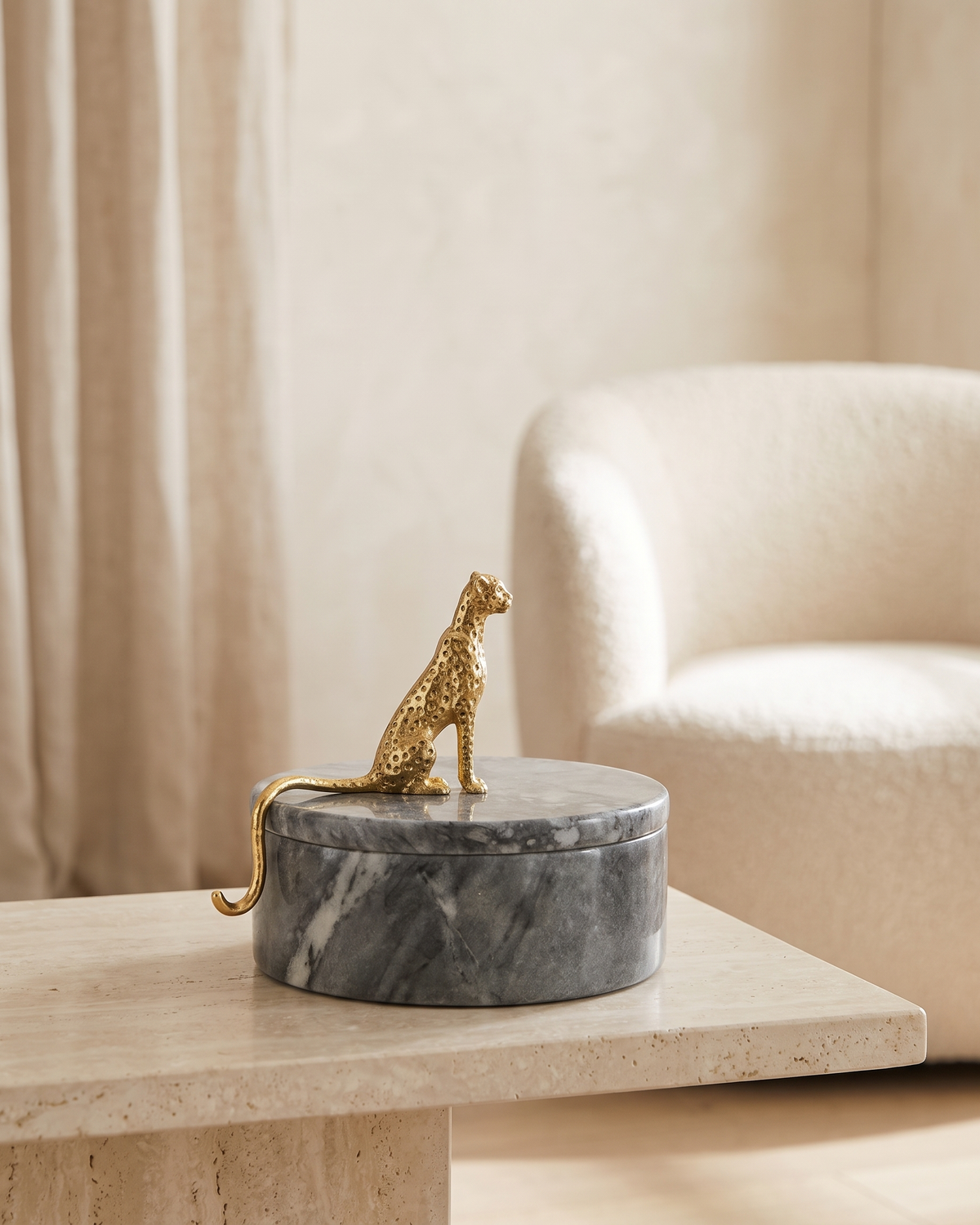 Grey Marble Box with Leopard Detail - styled on a travertine console in a light interior