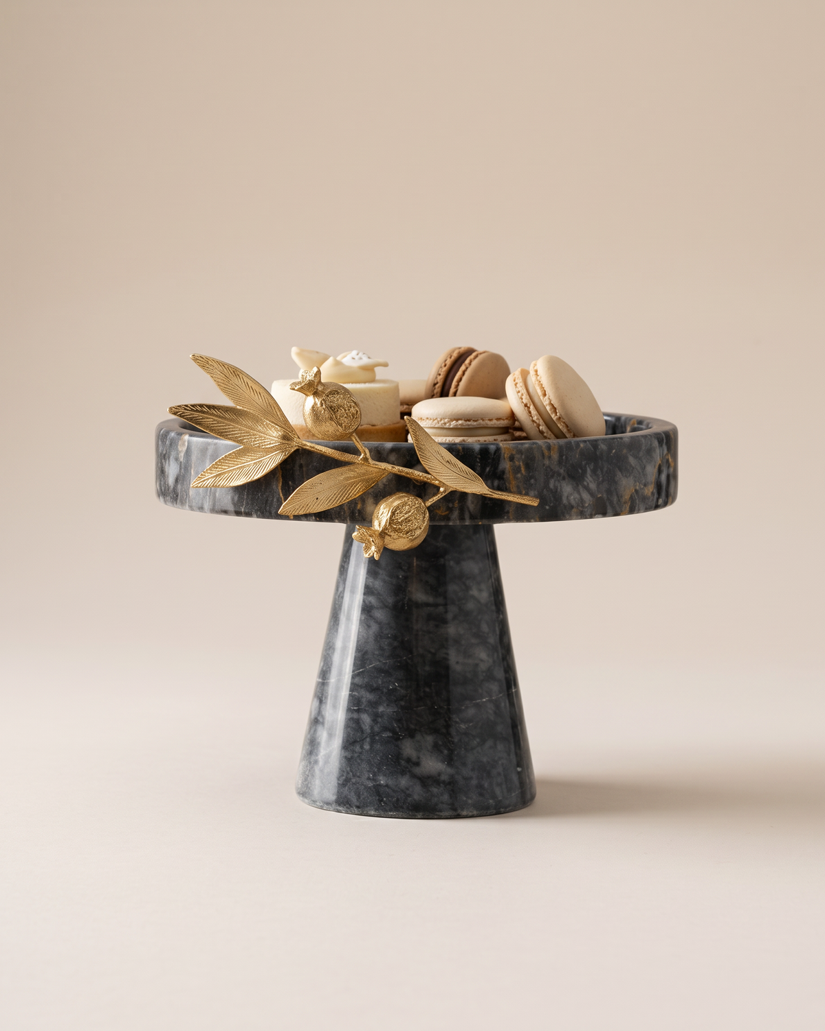 Grey Marble Cake Stand with Gold Pomegranate (One Piece) on a warm ivory studio background