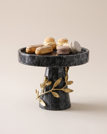 Grey Marble Pedestal Stand with Gold Leaves (One Piece) on a warm ivory studio background