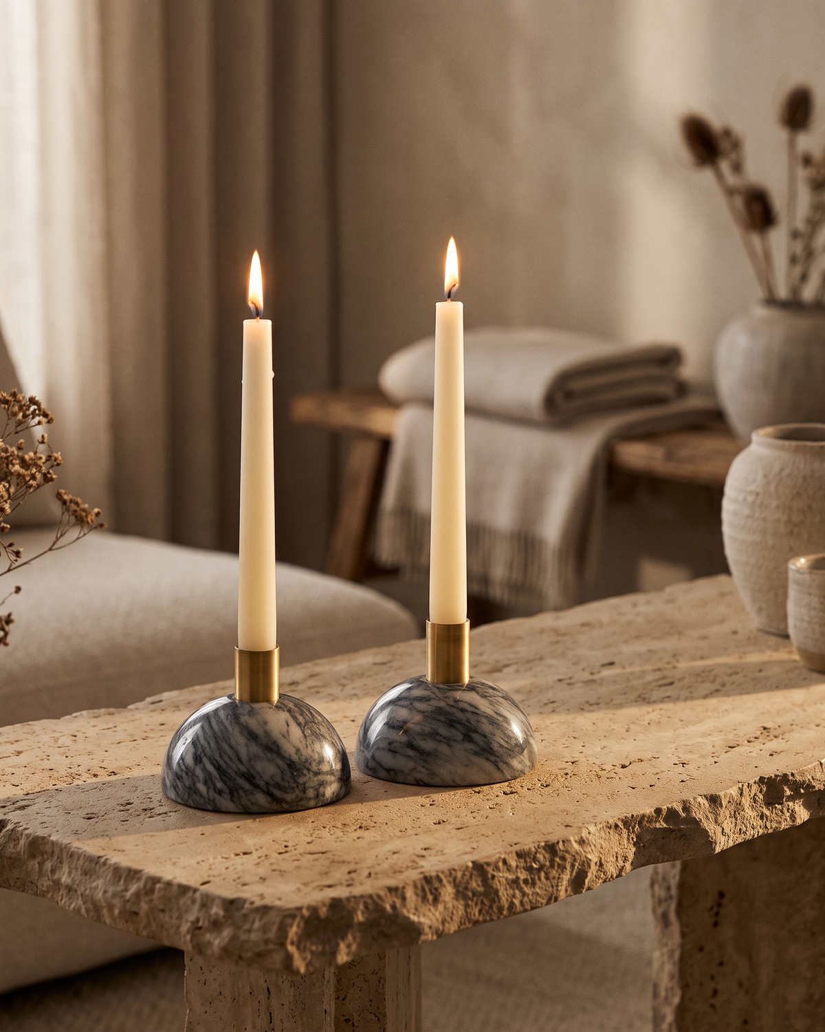 Half-Moon Marble Candlesticks (Set of 2) styled in a warm interior