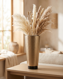 Hammered Brass Planter Large - styled with dried pampas stems on a warm beige console in a cosy interior