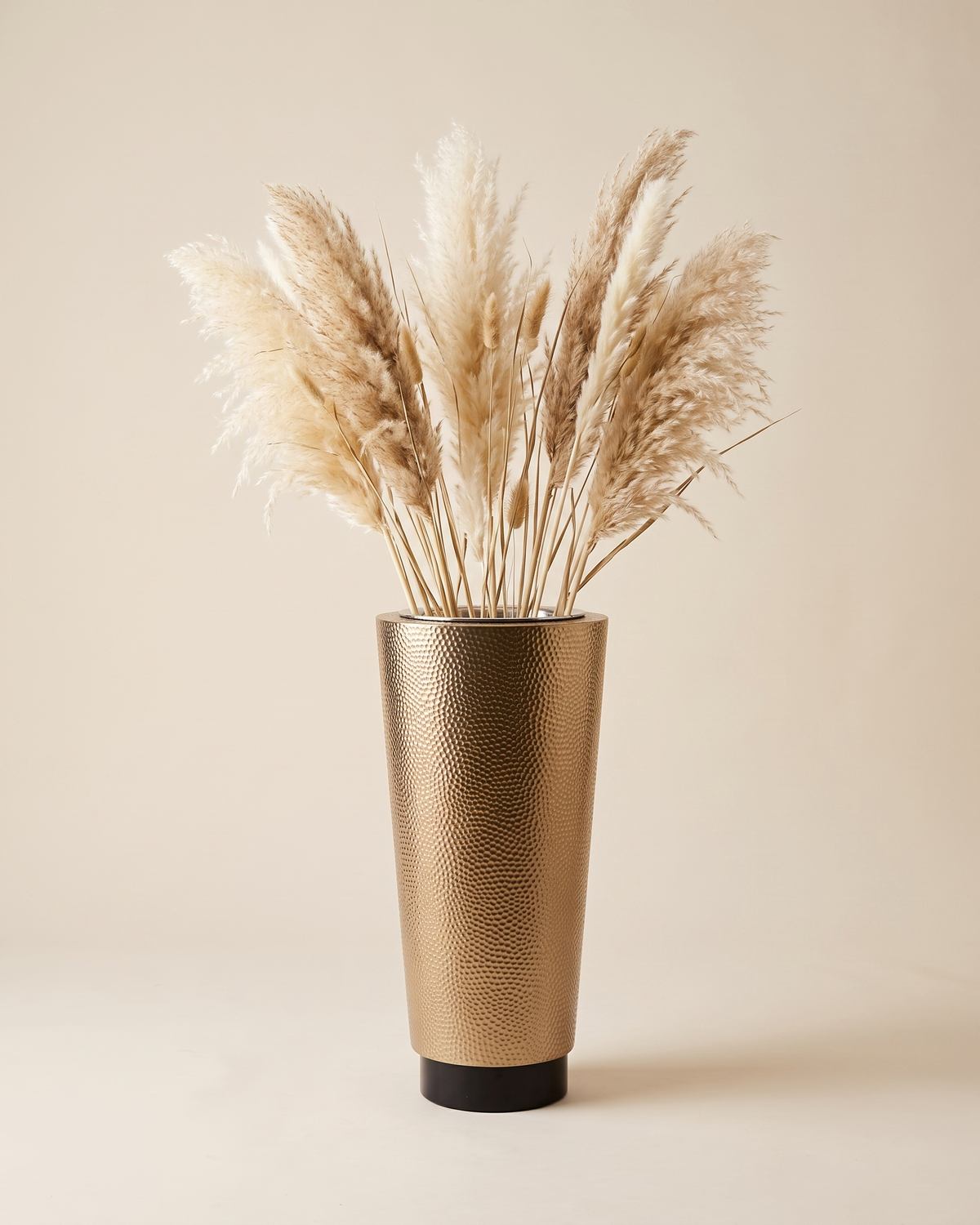 Hammered Brass Planter Medium - styled with dried pampas stems, ivory studio background