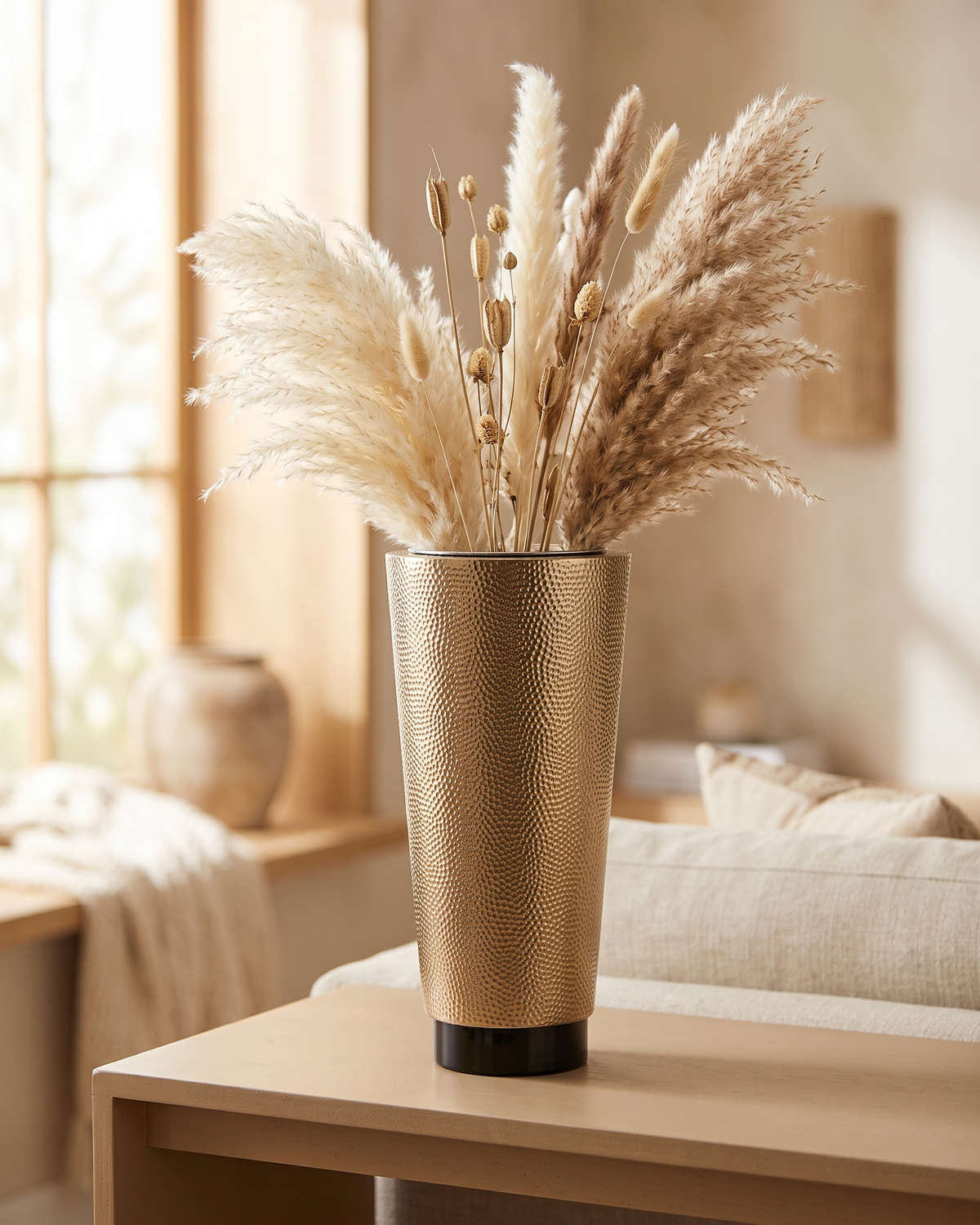 Hammered Brass Planter Medium - styled with dried pampas stems on a warm beige console in a cosy interior
