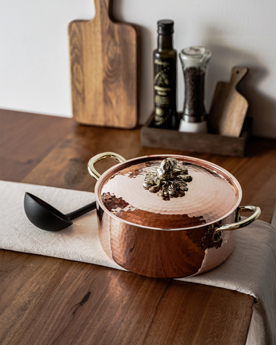 Hammered Copper Casserole Dish With Brass Lion Detail