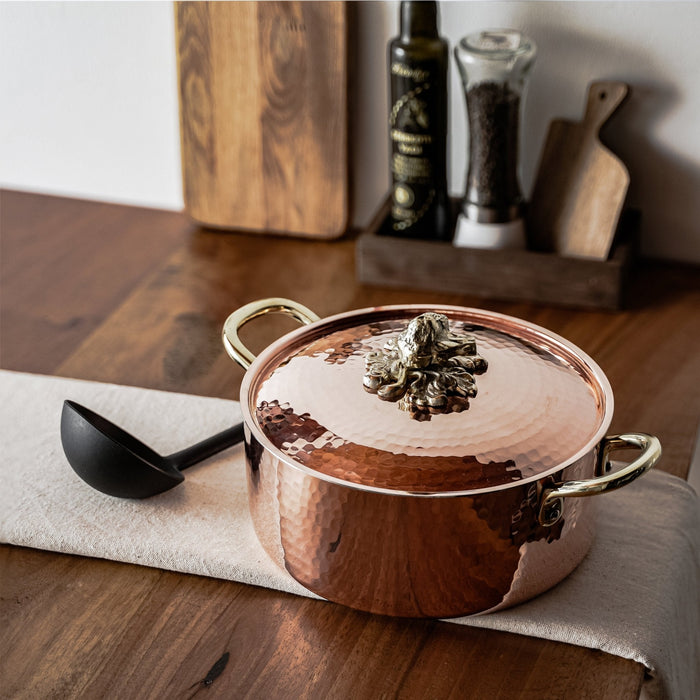 Hammered Copper Casserole Dish With Brass Lion Detail