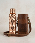 Hammered Solid Copper Water Bottle & Genuine Leather Carrying Bag Set, 750 ml