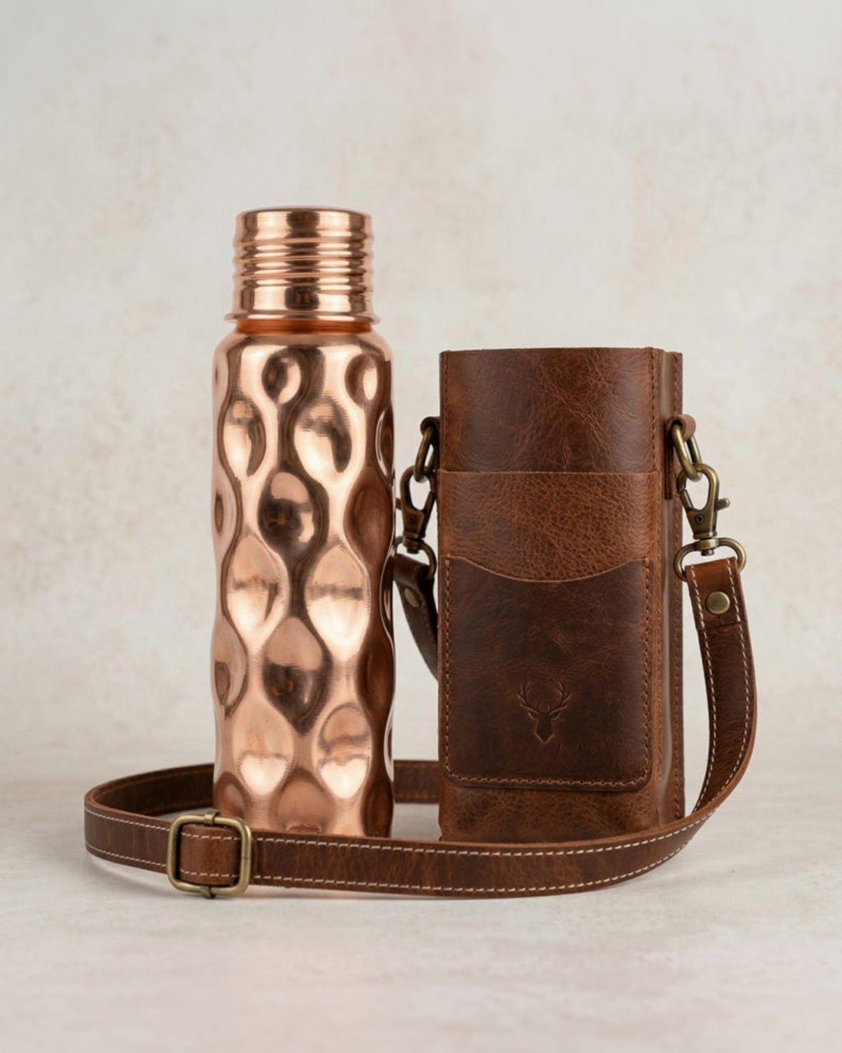 Hammered Solid Copper Water Bottle & Genuine Leather Carrying Bag Set, 750 ml