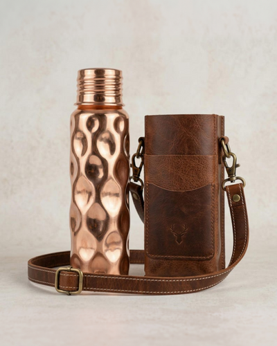 Hammered Solid Copper Water Bottle & Genuine Leather Carrying Bag Set, 750 ml