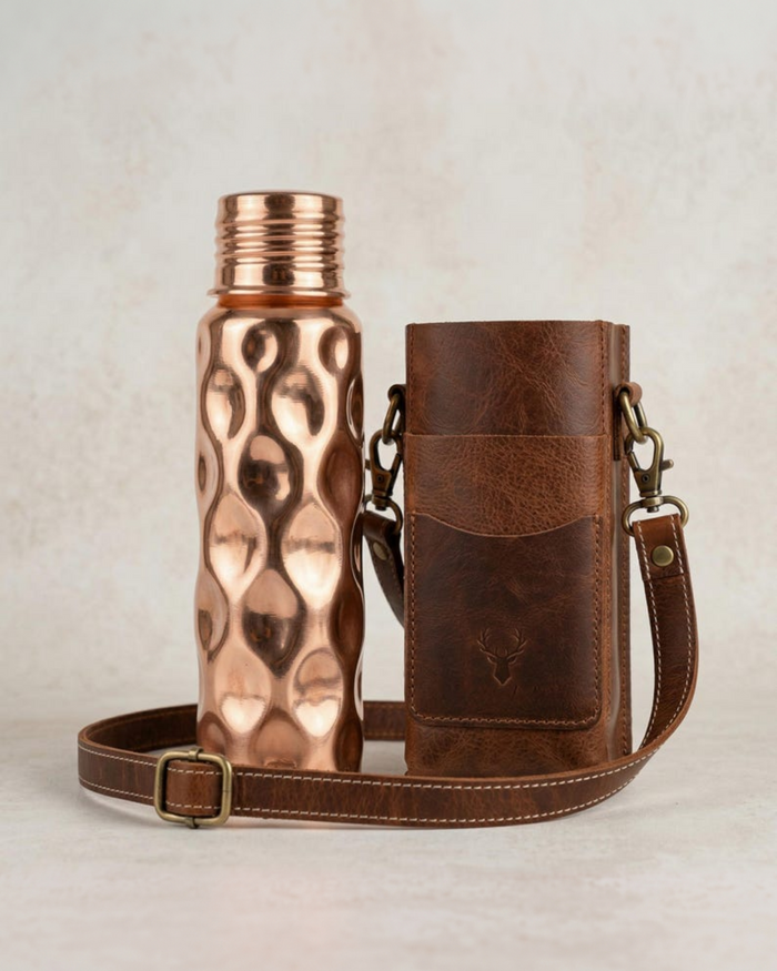Hammered Solid Copper Water Bottle & Genuine Leather Carrying Bag Set, 750 ml