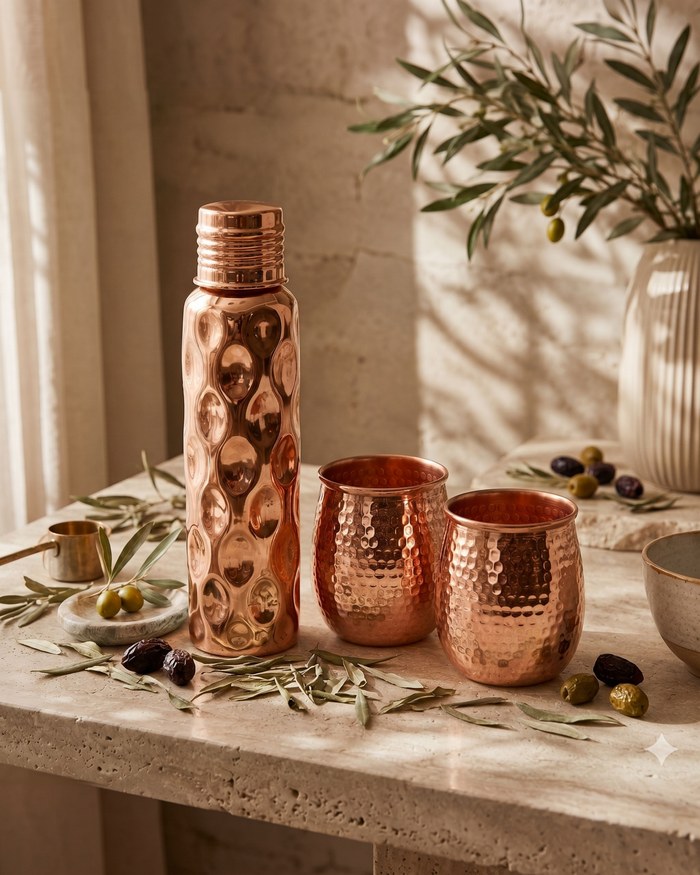 Hammered Pure Copper Water Bottle & Tumblers Gift Set