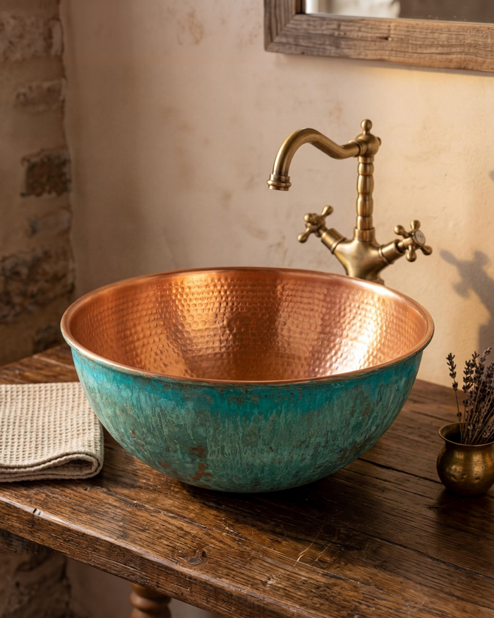 Hammered Verdigris Copper Vessel Sink & Rustic Bathroom Vanity Basin
