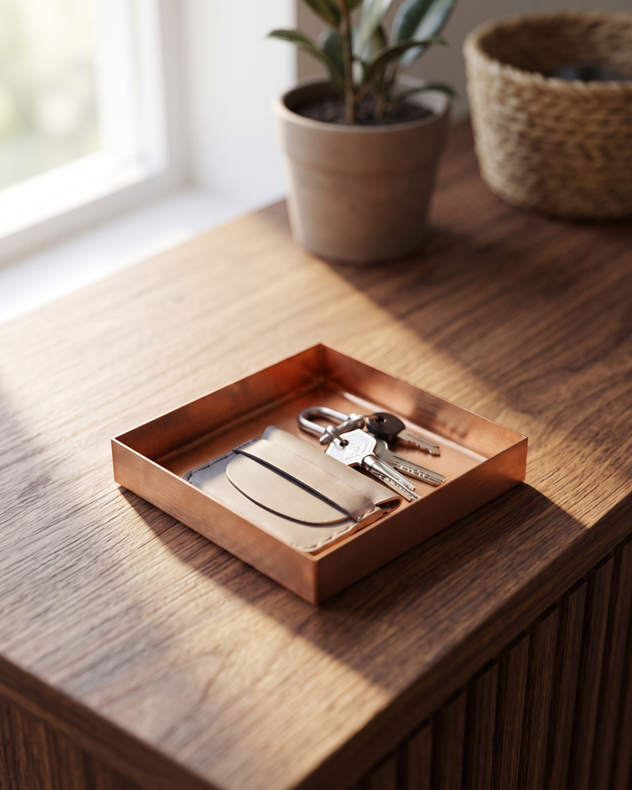 Key & Wallet Catchall Tray – 100% Solid Copper, Handcrafted Brushed Finish