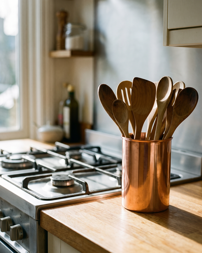 Kitchen Utensil Holder – 100% Solid Copper, Handcrafted Natural Finish
