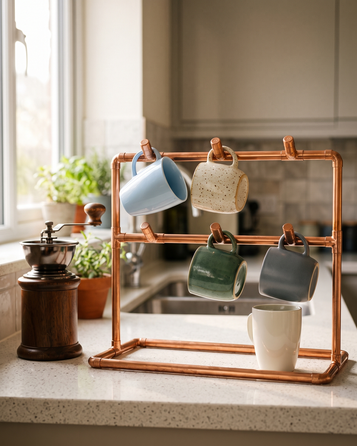Countertop Mug Holder with 6 Hooks – 100% Solid Copper, Handcrafted Industrial Style