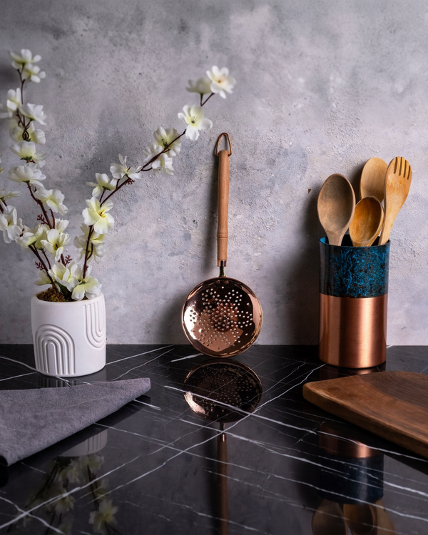 Handcrafted Copper Perforated Skimmer with Wooden Handle – Premium Kitchen Strainer & Cooking Utensil