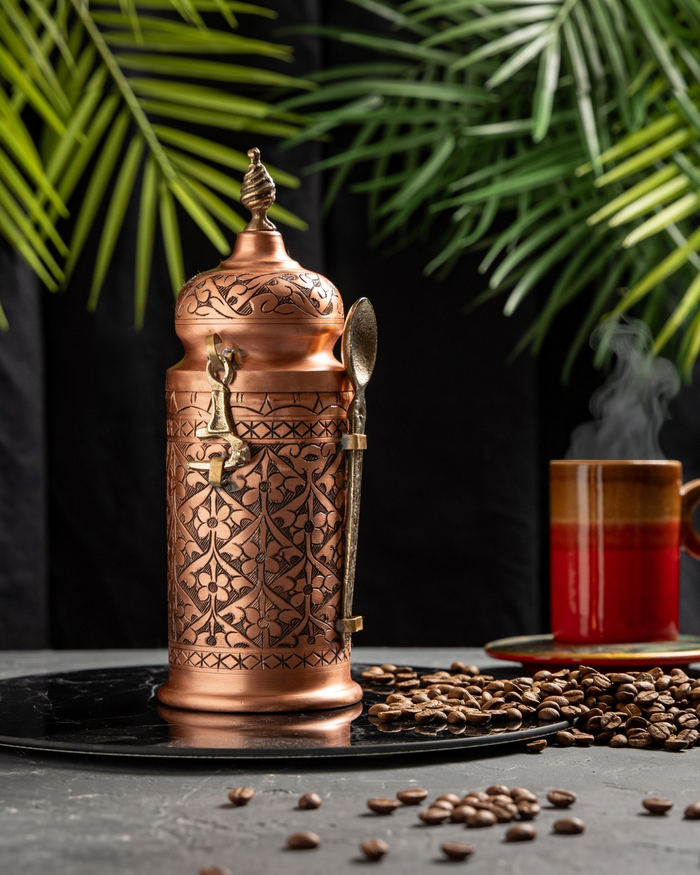 Handcrafted Copper Coffee And Spice Jar with Brass Spoon – Ornate Engraved Design