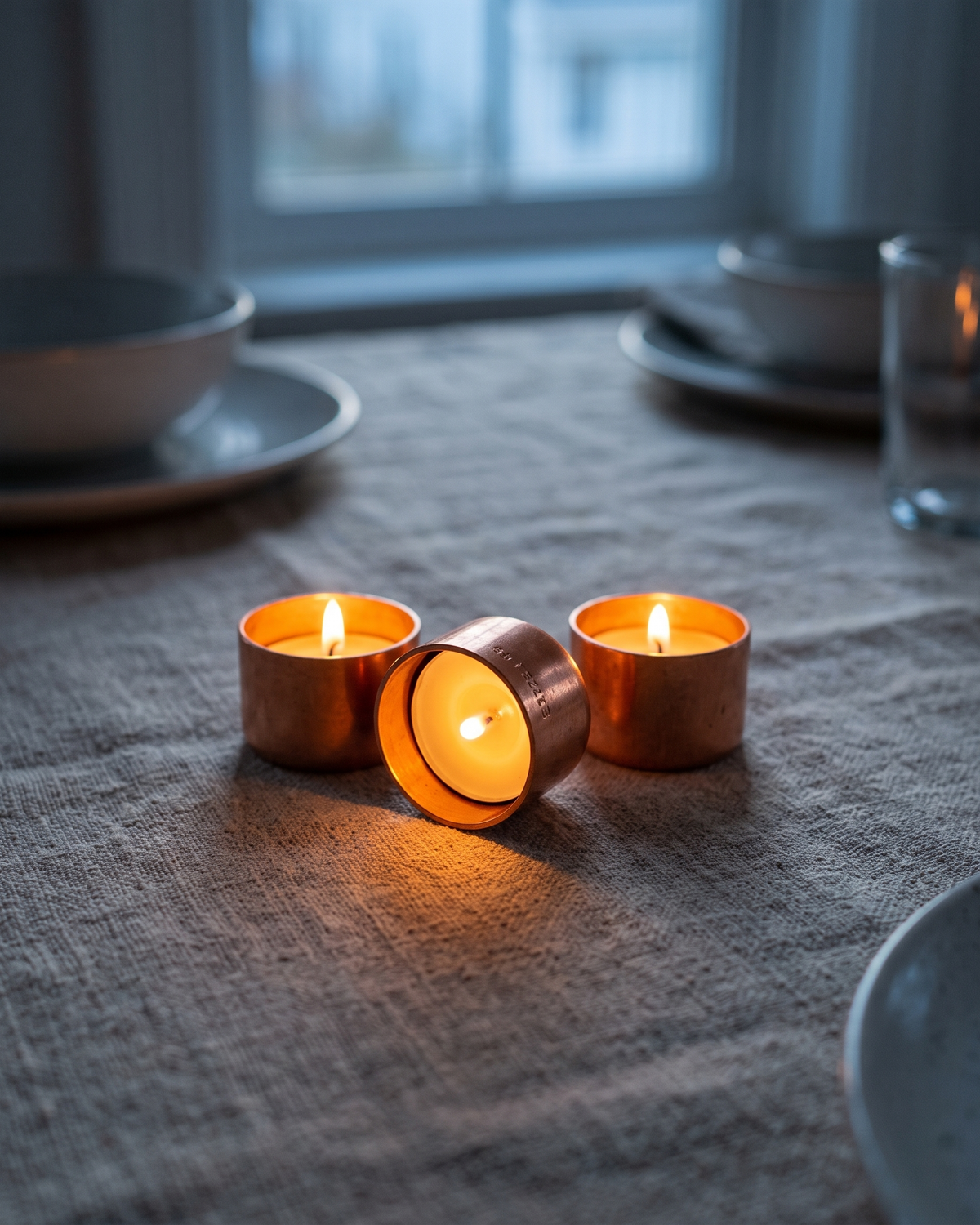Tealight Candle Holders – 100% Solid Copper, Handcrafted Set of 3 – in use