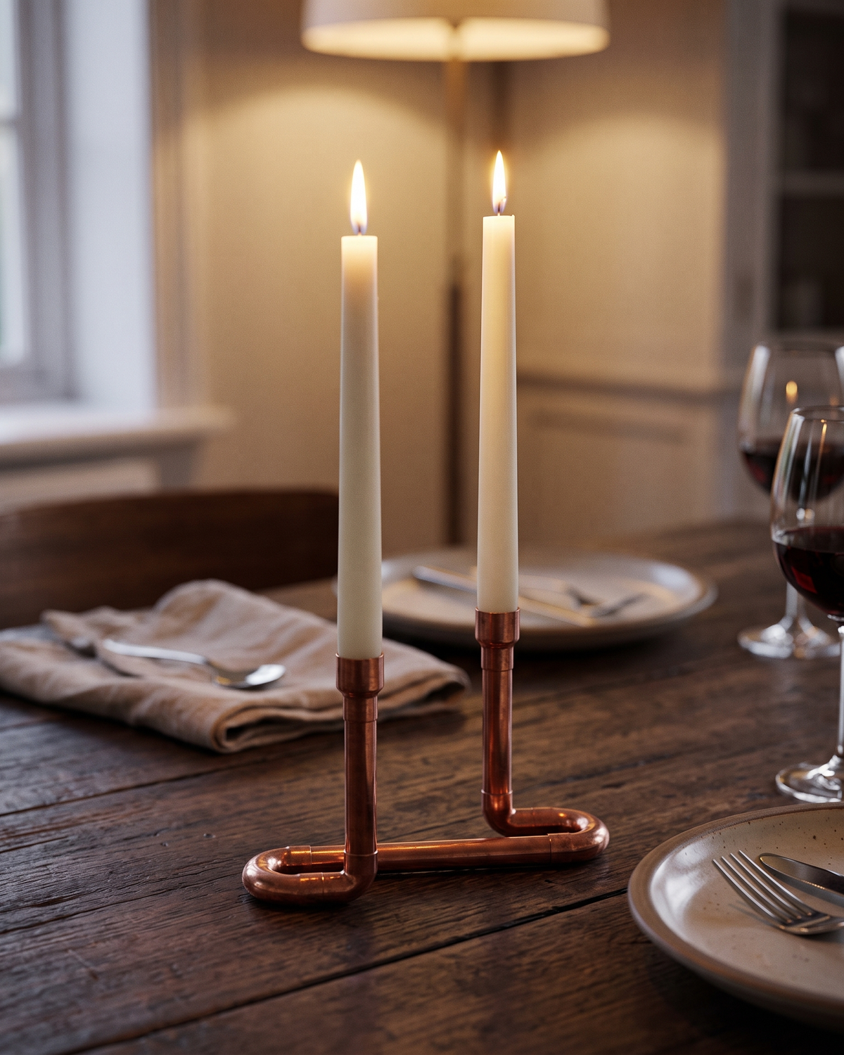 Double Taper Candle Holder – 100% Solid Copper, Handcrafted Polished Finish – in use