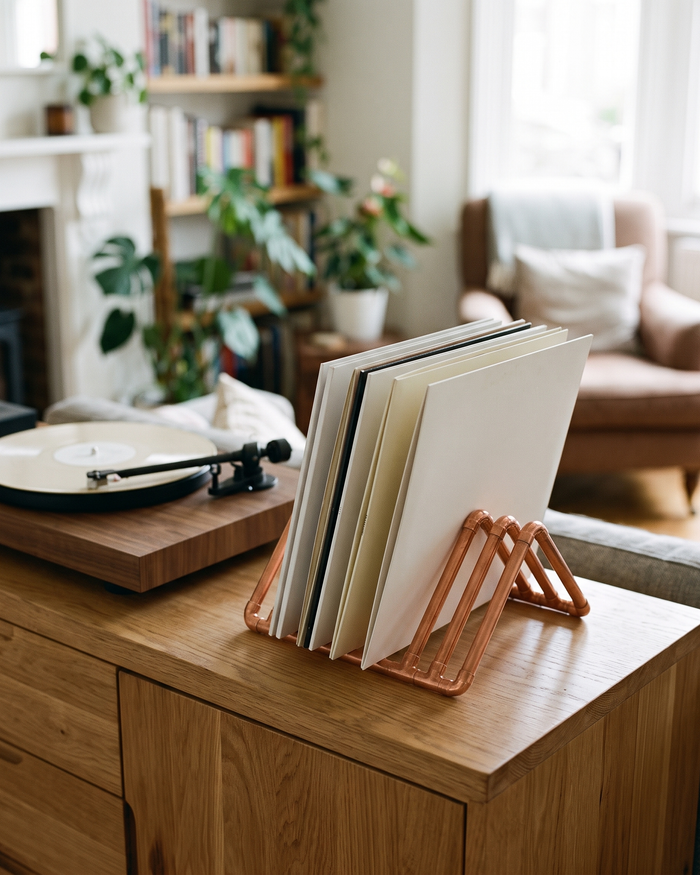 Vinyl Record Stand – 100% Solid Copper, Handcrafted Minimalist LP Holder