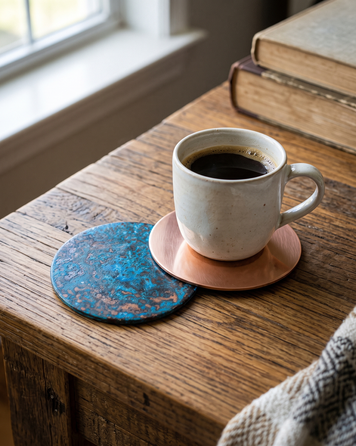 Coaster Set of 2 – 100% Solid Copper, Handcrafted Verdigris Patina & Polished Finish