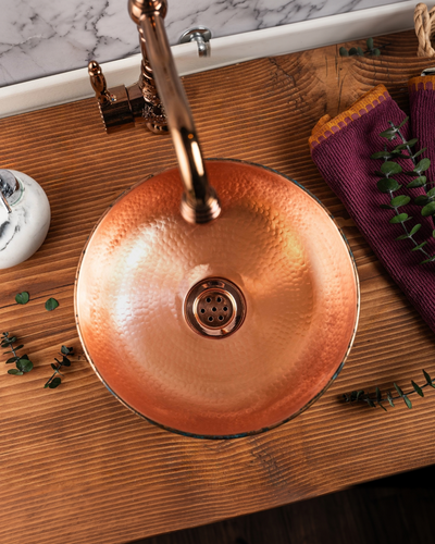 Handcrafted Verdigris Copper Sink – Hammered Green Patina Basin with Copper Drain Cap