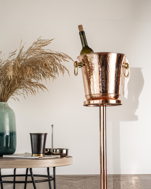 Handcrafted Hammered Copper Champagne & Wine Ice Bucket with Stand – Elegant Beverage Cooler