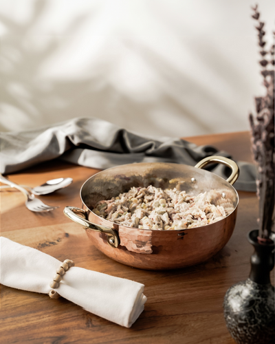 Handcrafted Hammered Deep Copper Cooking Pan – Traditional Cookware with Elegant Brass Handles