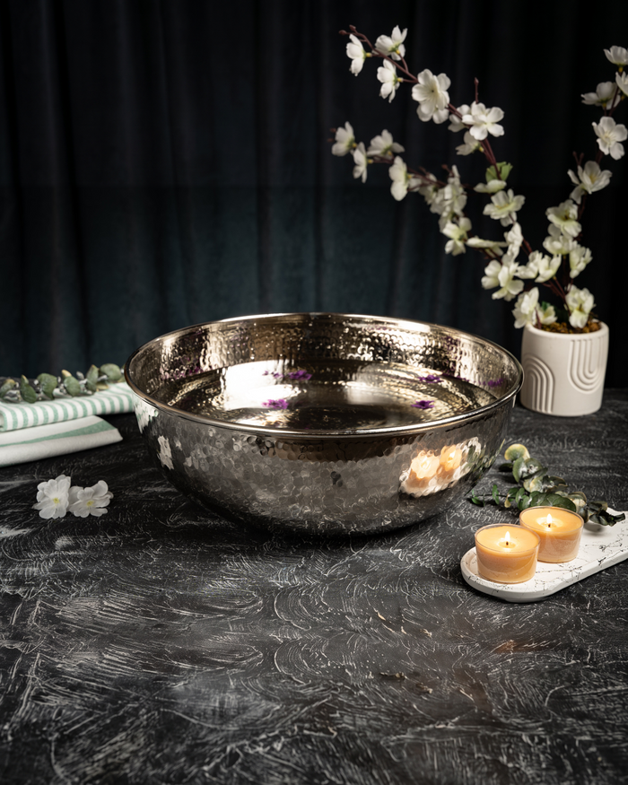 Handcrafted Hammered Copper Foot Soak Bowl – Silver Finish Ayurvedic Spa Basin