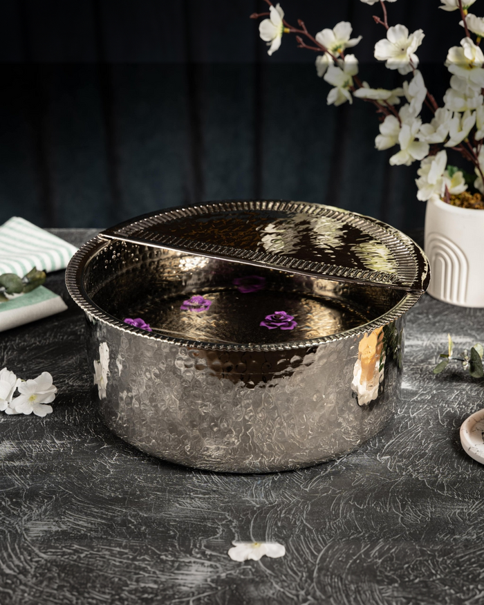 Handcrafted Silver Copper Pedicure & Manicure Bowl – Hammered Finish with Removable Footrest