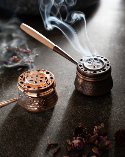 Handcrafted Hammered Copper Incense Burner – Dark Copper with Wooden Handle