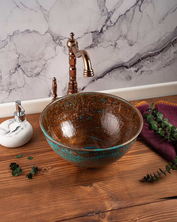 Handcrafted Hammered Copper Sink – Antique Brown & Verdigris Patina Basin with Drain Cap