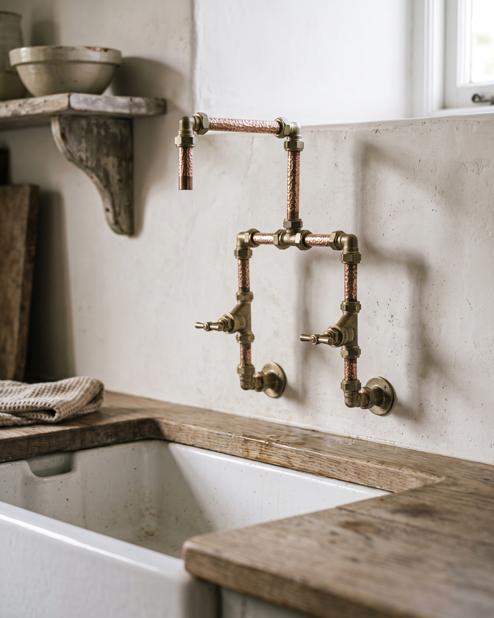 Wall-Mounted Faucet – 100% Solid Copper with Brass Valves, Hammered Industrial Design