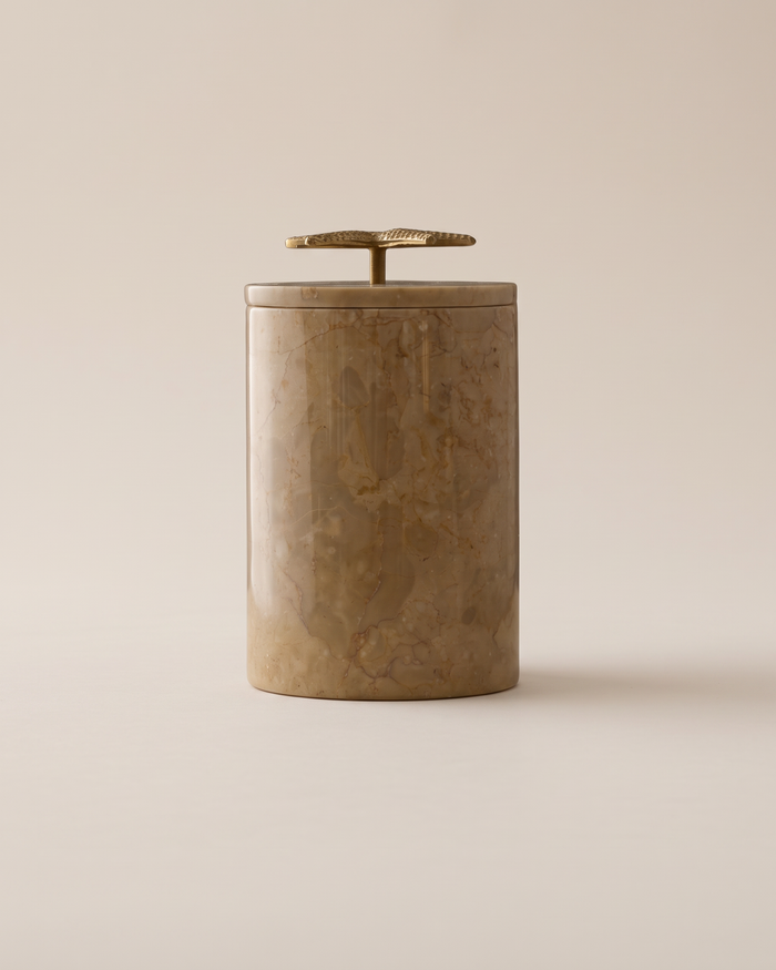 Beige Marble Waste Bin with Brass Handle (One Piece)